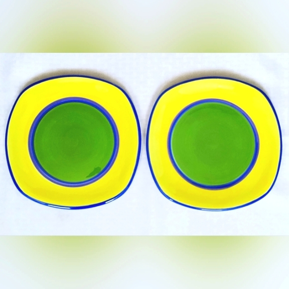 Dansk Caribe Salad Plates Set Of 2 Square Yellow Green with Blue Rim - Picture 1 of 9